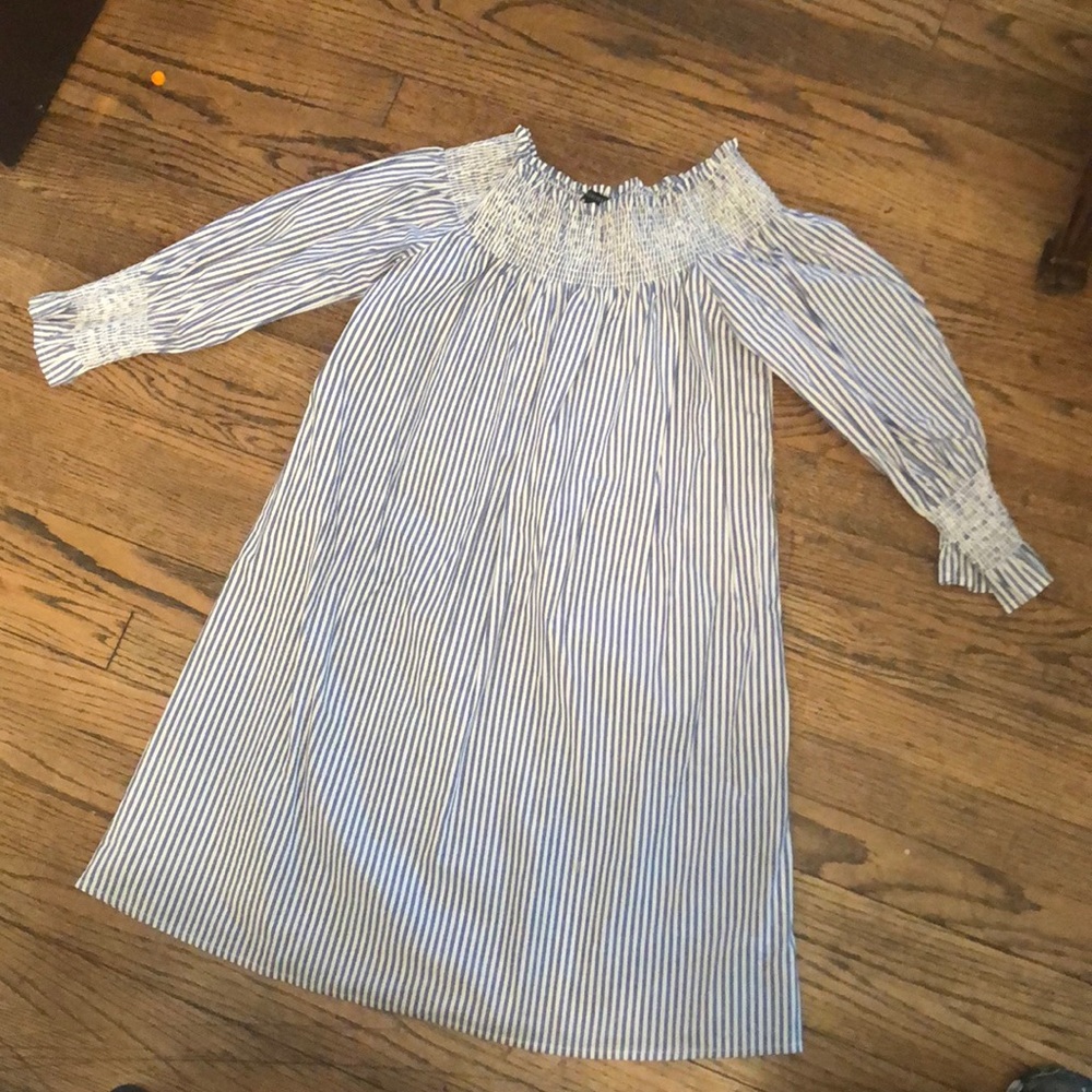 Off shoulder seersucker blue dress